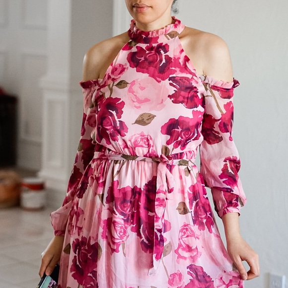 Pink Floral Off Shoulder Midi Dress - Picture 4 of 12
